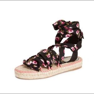 Prada Rose-Print Wraparound Platform Espadrille Sandals EU 37